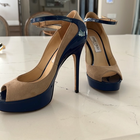 Nude suede and blue patent jimmy choo heels - Picture 2 of 5
